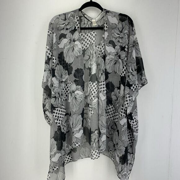 Kimono Cardigan Black White Floral Sheer Fairy Cottage Sheer Open Front Boho - Picture 1 of 8